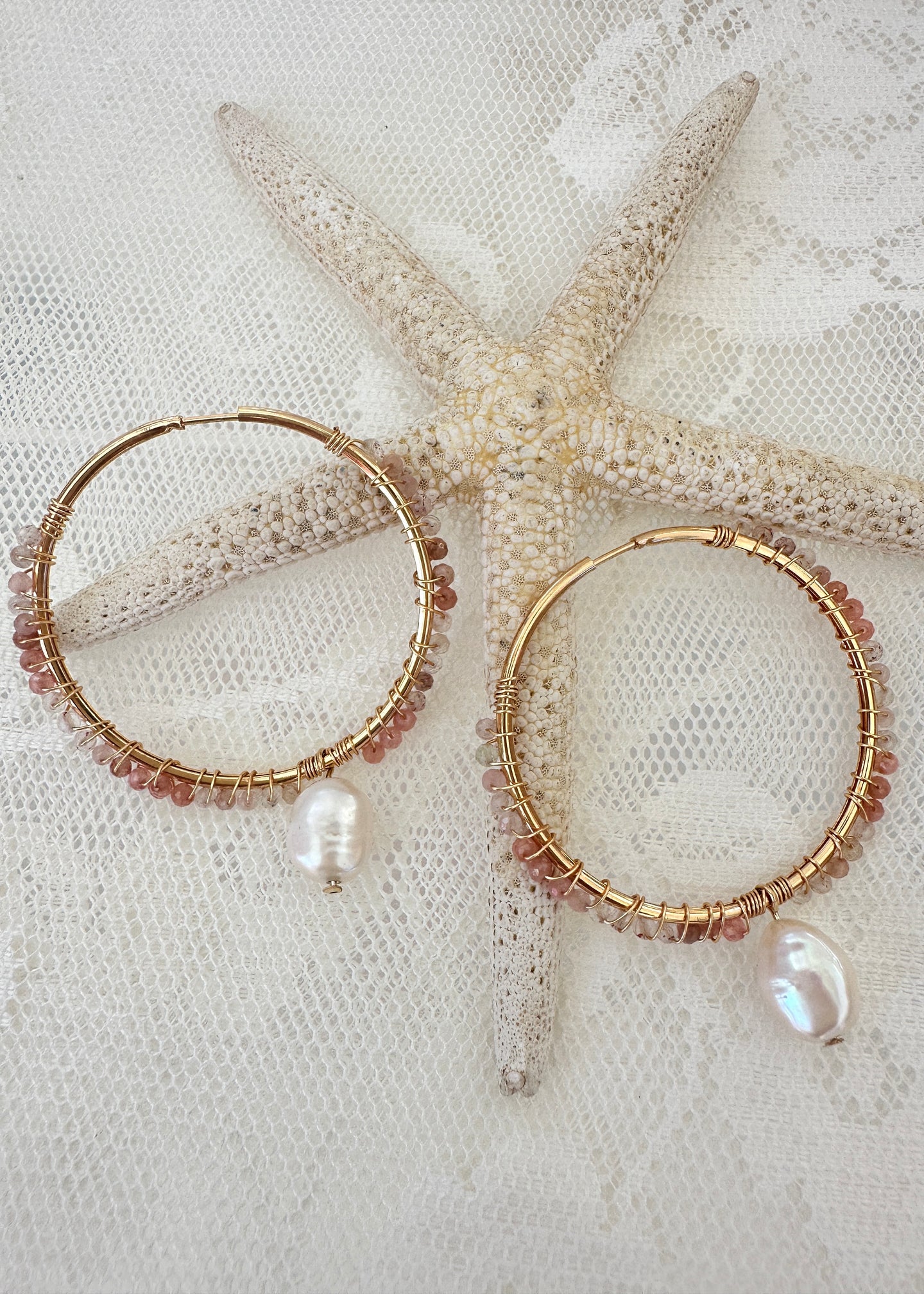 Sunseeker Small Hoops ☆ Pearl/Rose + Strawberry Quartz