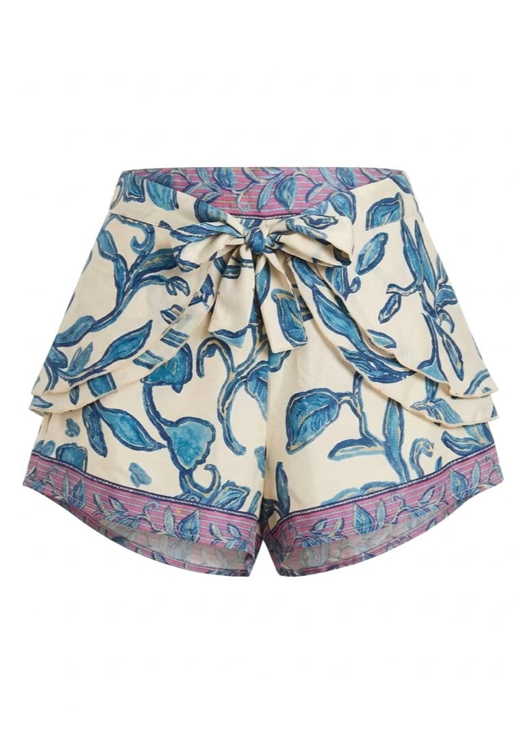 Shorts with a blue and pink floral pattern on a white background