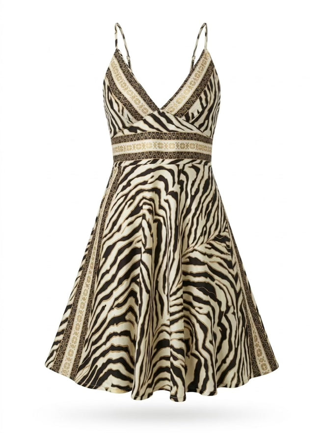 Zebra print dress with thin straps on a white background