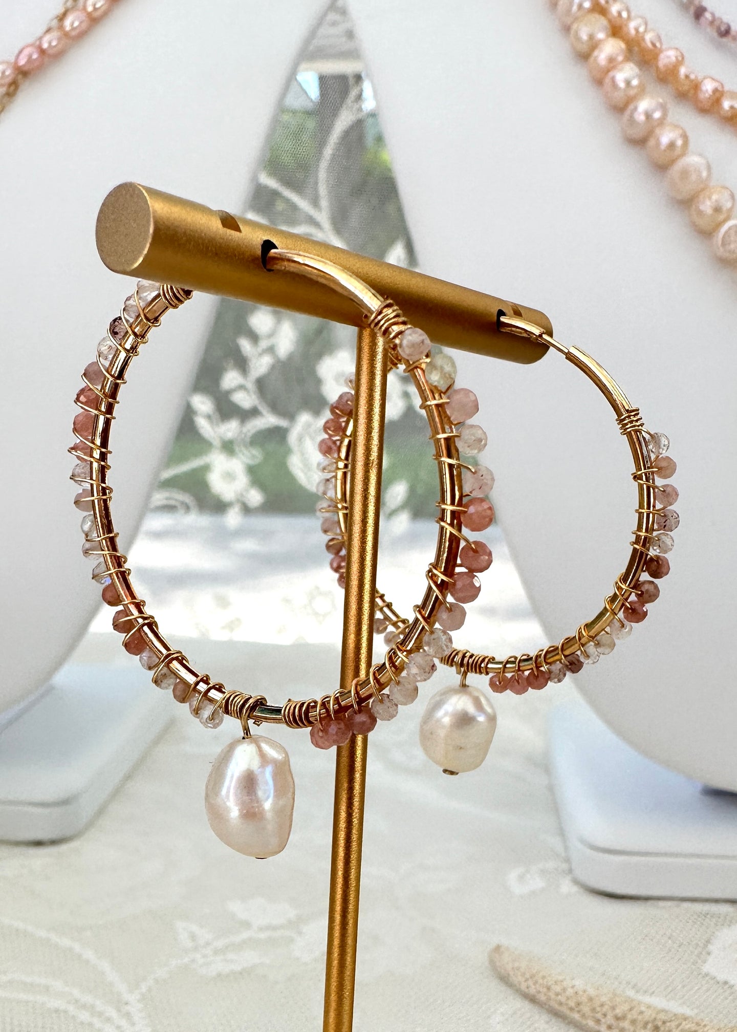 Sunseeker Small Hoops ☆ Pearl/Rose + Strawberry Quartz