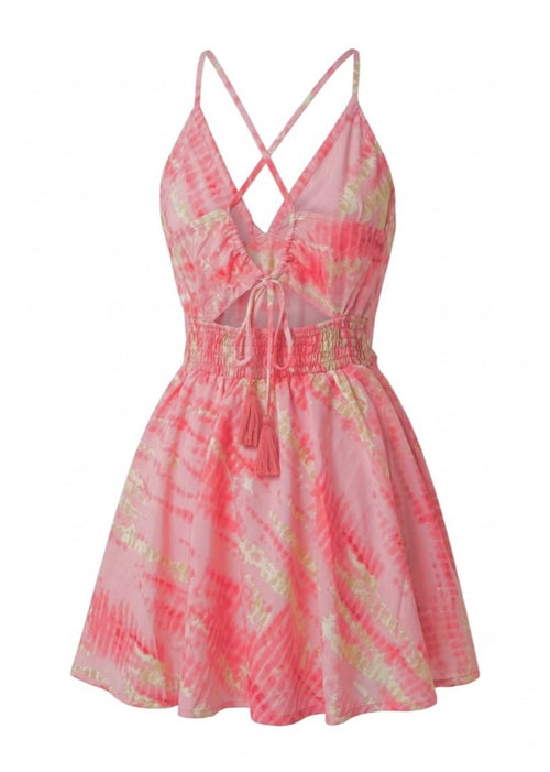 Pink tie-dye dress with criss-cross straps on a white background