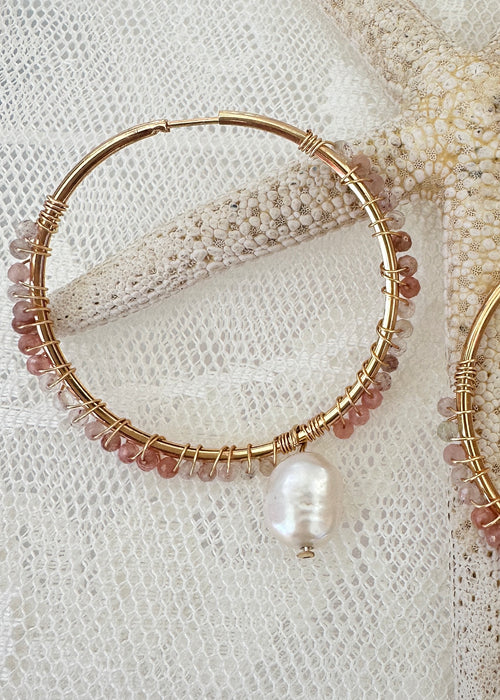 Sunseeker Small Hoops ☆ Pearl/Rose + Strawberry Quartz