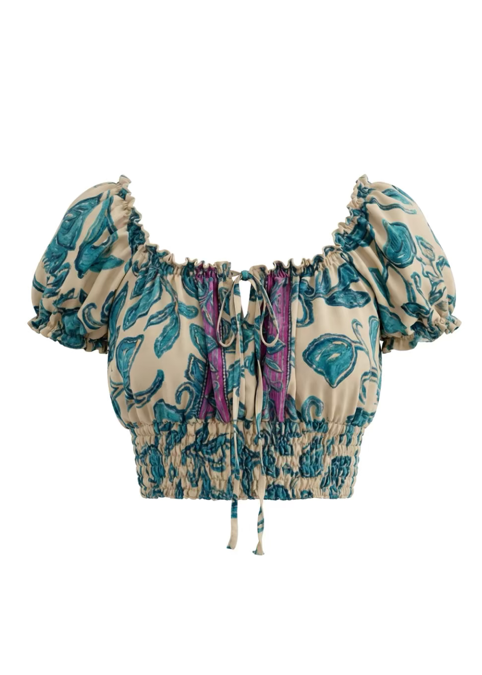 Floral patterned top with puff sleeves on a white background