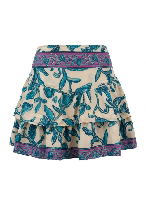 Skirt with floral pattern and purple accents on a white background