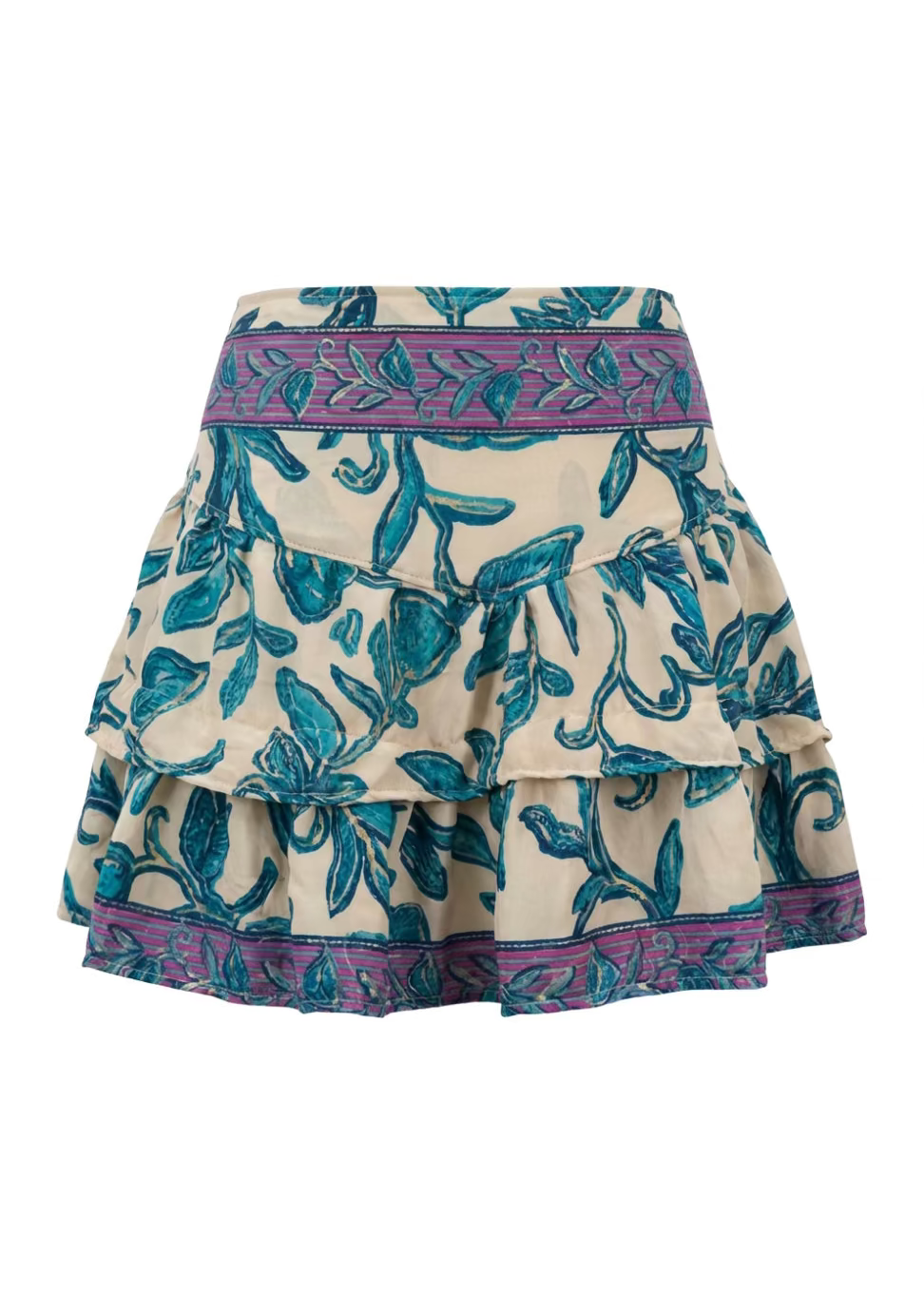 Skirt with floral pattern and purple accents on a white background
