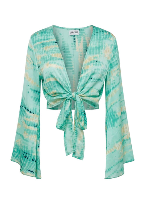 Light blue tie-dye kimono-style jacket on a white background