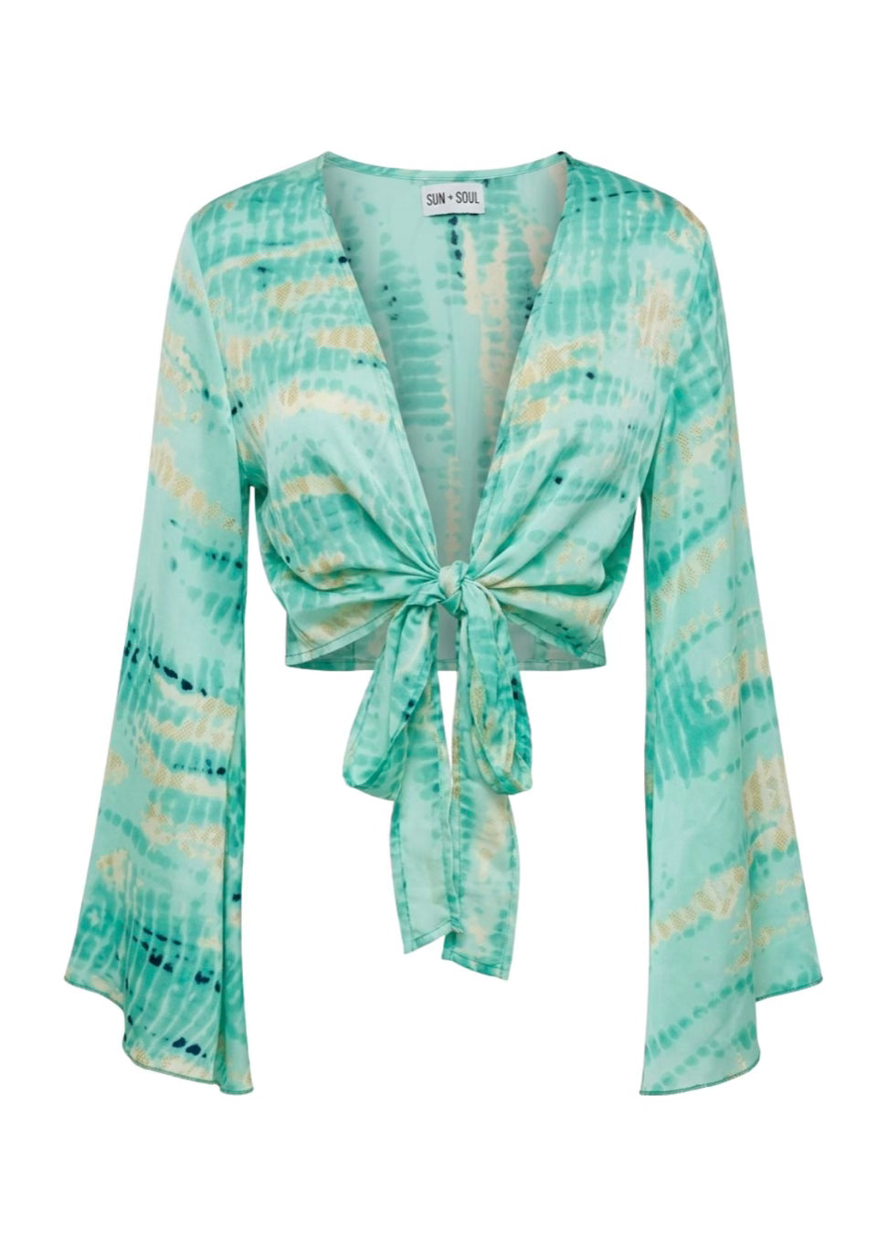 Light blue tie-dye kimono-style jacket on a white background