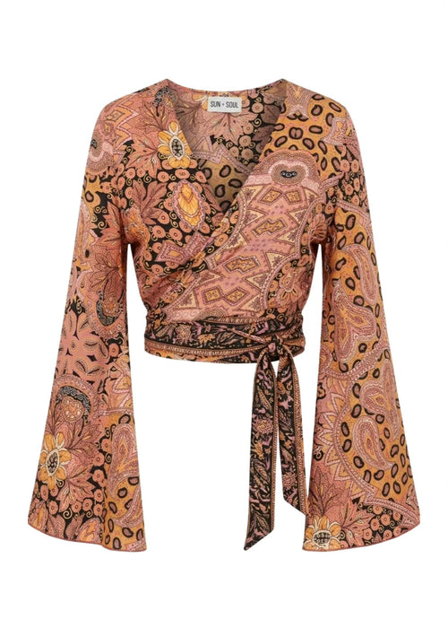 Patterned blouse with bell sleeves on a white background