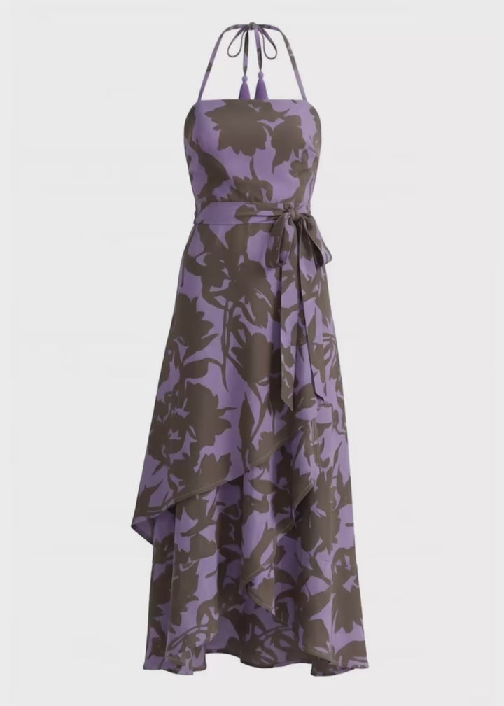Zyanda Lavender Island silk wrap dress full length view showing one size fits most design